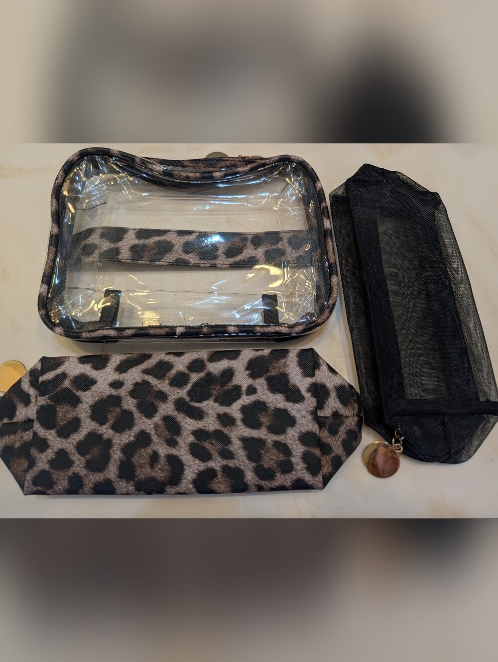 Leopard Print Clear Cosmetic Bag 3 Piece Set